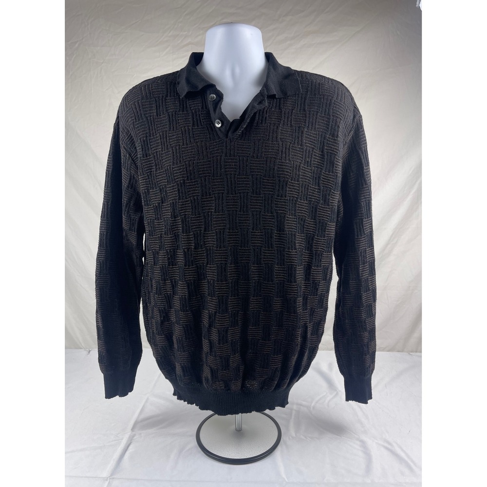 Segreto Mens XL Merino Wool Polo Sweater Brown Black Textured Knit Italy Style